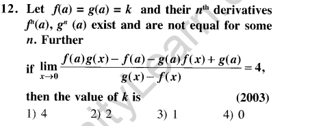 JEE Main Previous Year Papers Questions With Solutions Maths Limits,Continuity,Differentiability and Differentiation-12