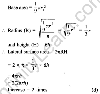 Maths RD Sharma Class 9 Chapter 19 Surface Areas and Volume of a Circular Cylinder MCQS