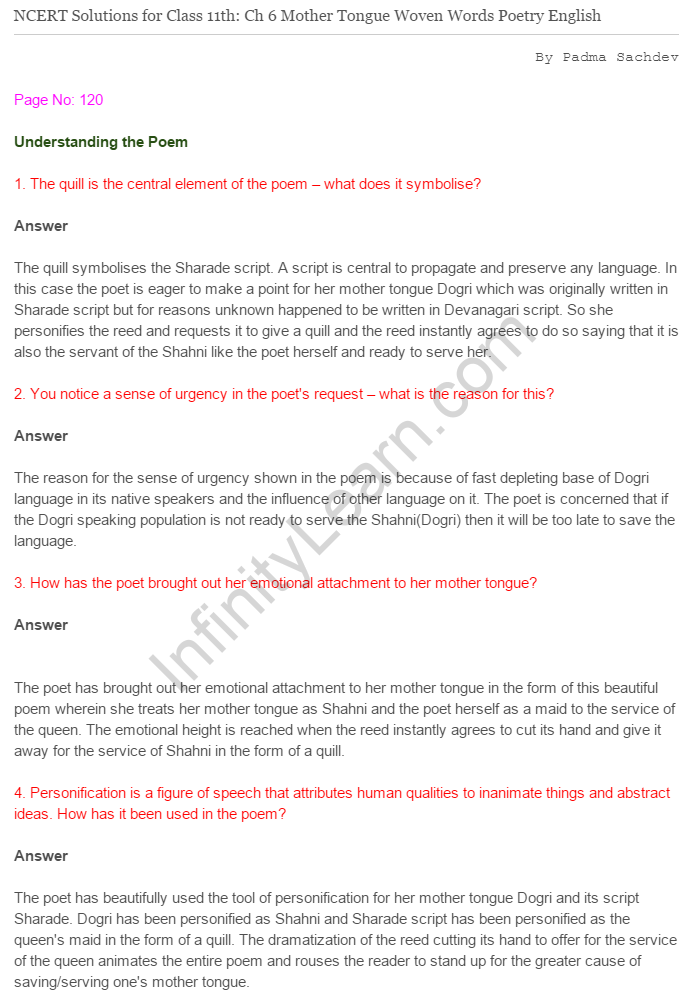 NCERT Solutions For Class 11 English Woven Words Mother Tongue