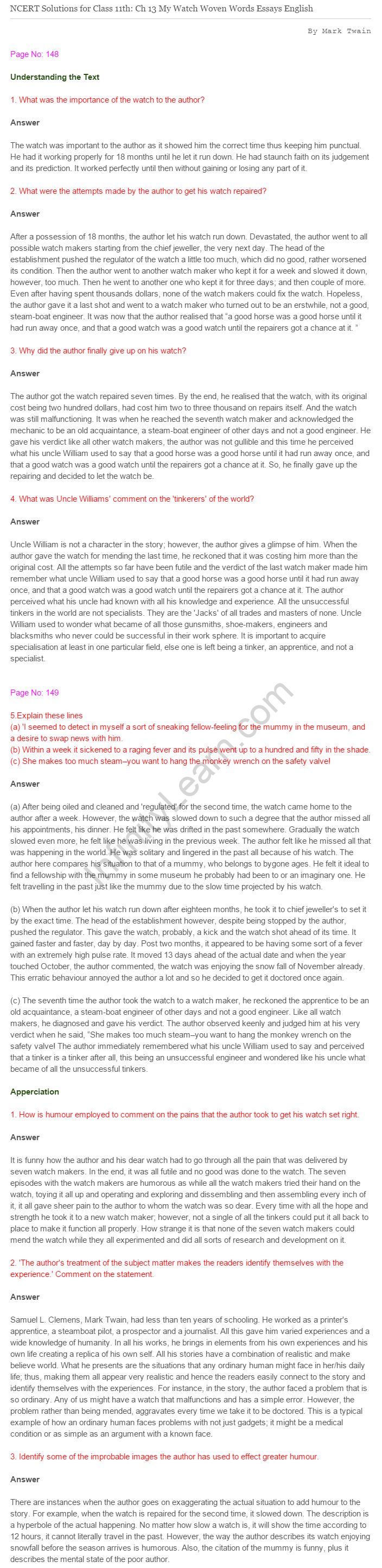 NCERT Solutions For Class 11 English Woven Words My Watch