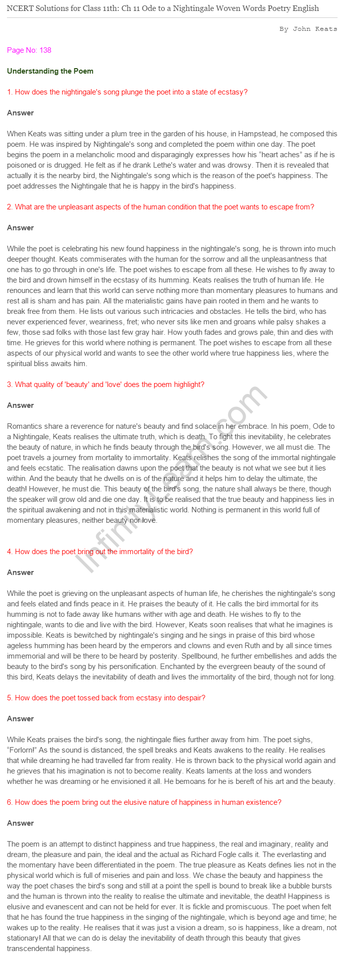 NCERT Solutions For Class 11 English Woven Words Ode to a Nightingale