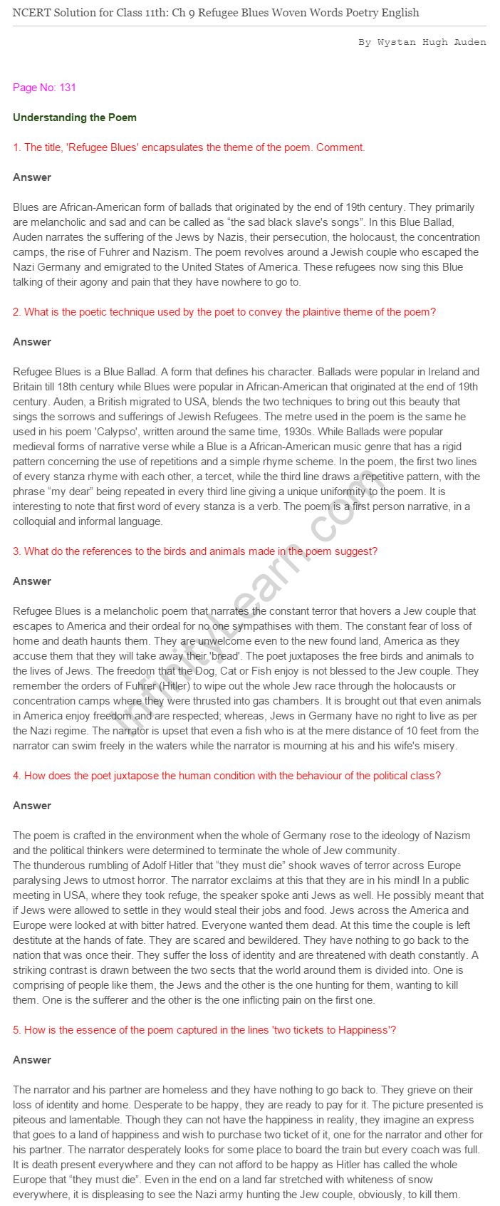 NCERT Solutions For Class 11 English Woven Words Refugee Blues