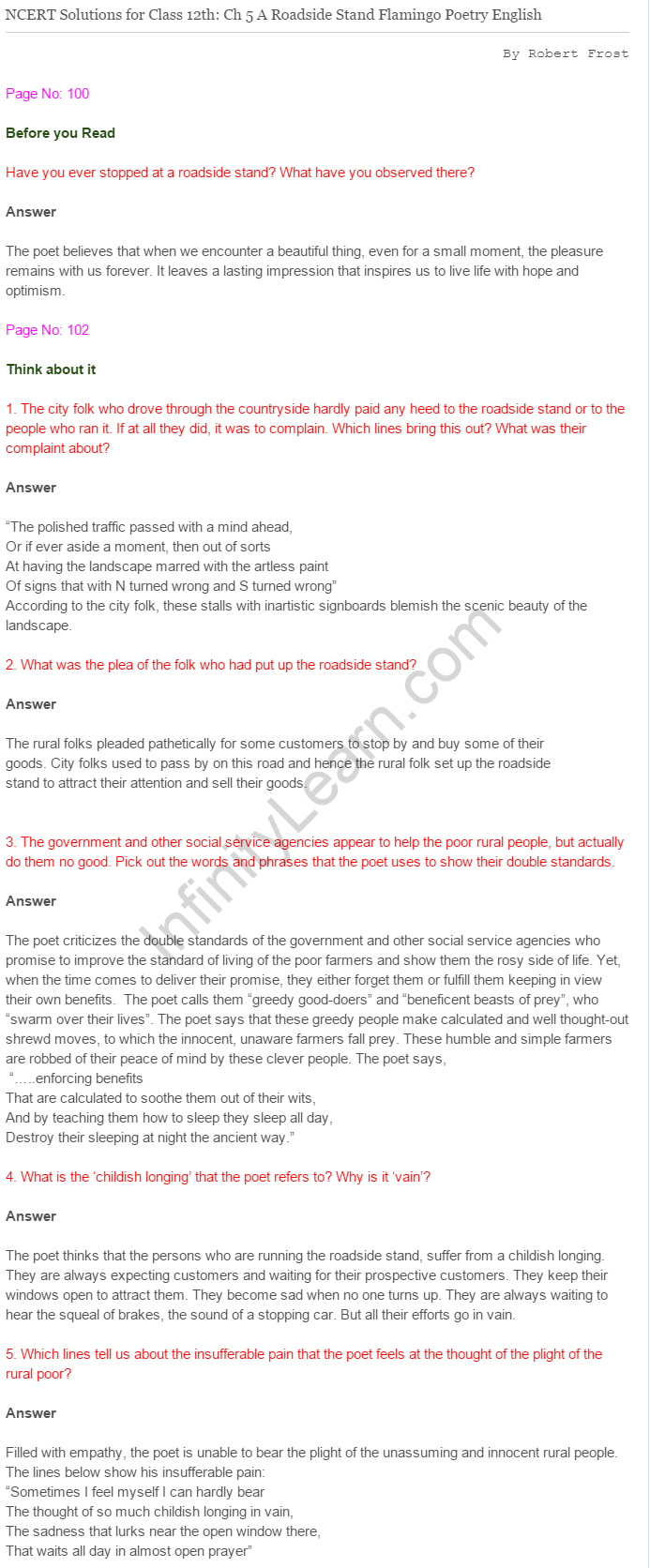 NCERT Solutions For Class 12 Flamingo English A Roadside Stand