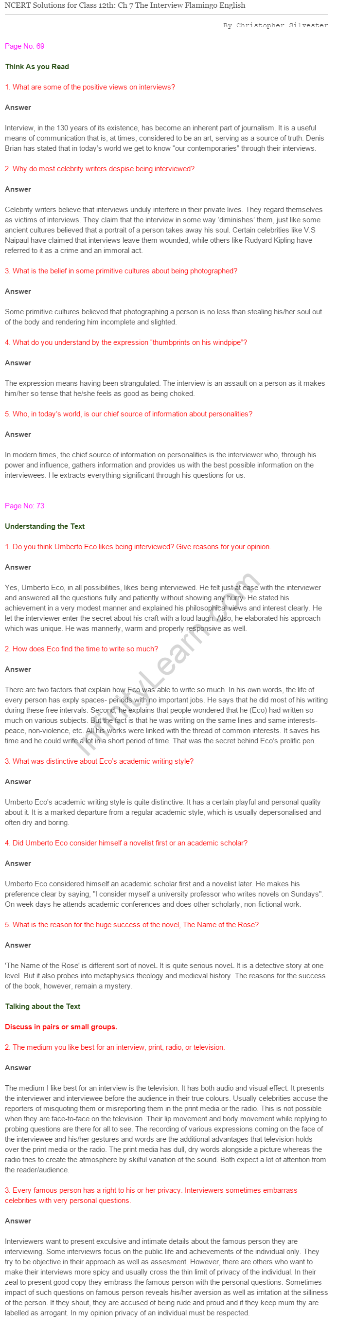 NCERT Solutions For Class 12 Flamingo English The Interview