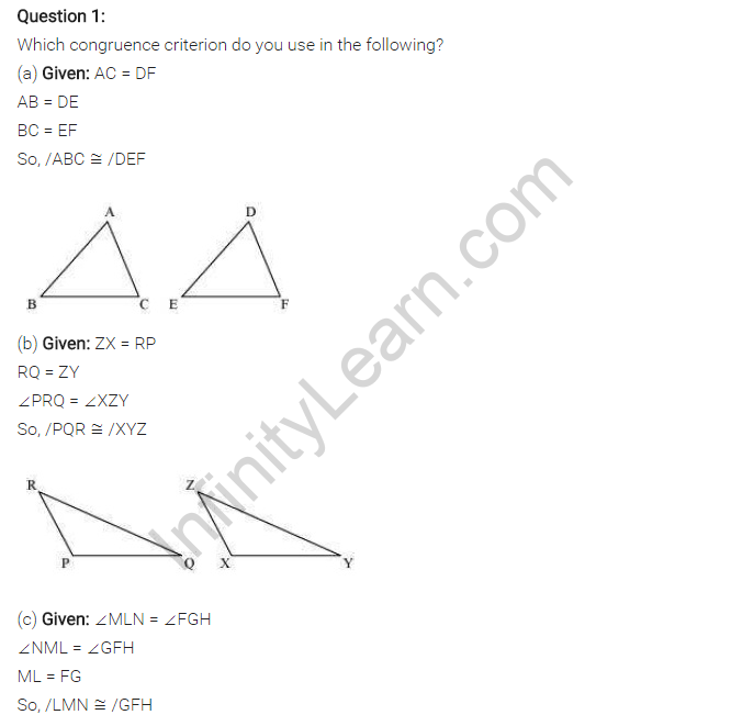 NCERT Solutions for Class 7 Maths Chapter 7 Congruence of Triangles Ex 7.2 Q1