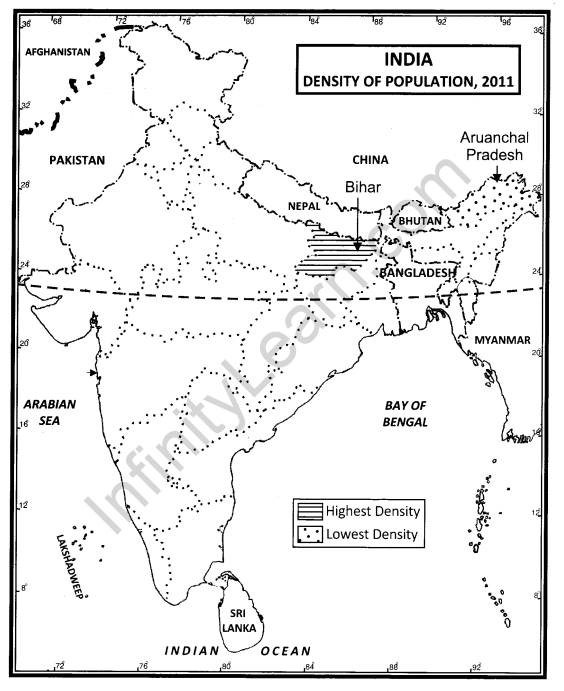 Class 12 Geography NCERT Solutions Chapter 1 Population Distribution, Density, Growth and Composition Map Based Questions Q1