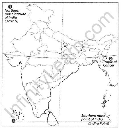 Class 9 Geography Map Work Chapter 1 India-Size and Location a3.1