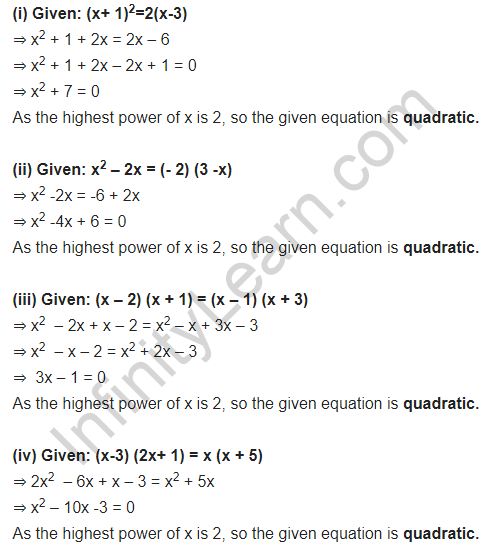 NCERT Solutions for Class 10 Maths Chapter 4 Quadratic Equations Ex 4.1 Free PDF Download Q1