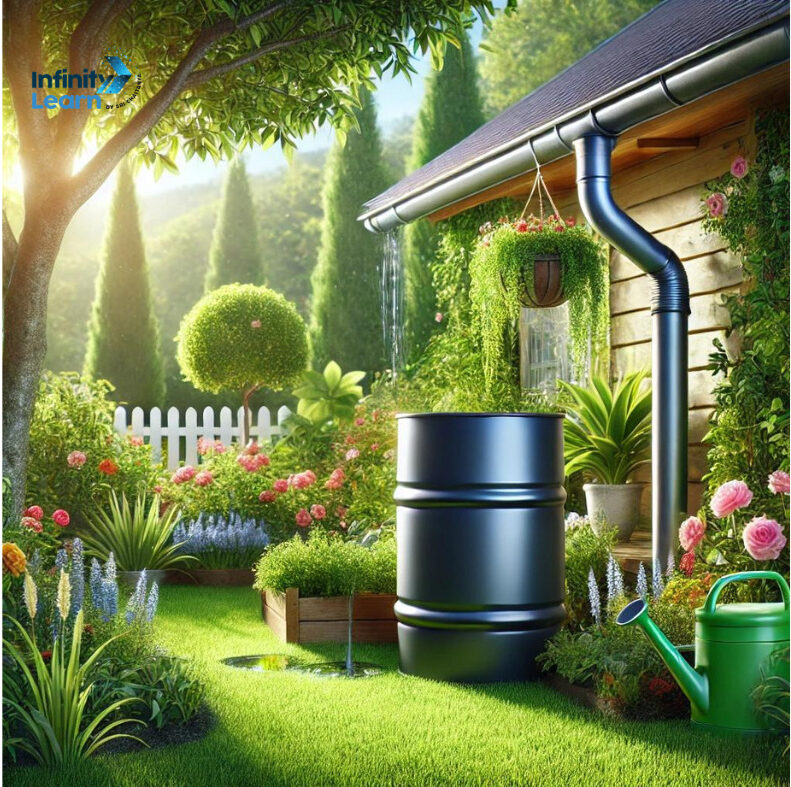 A garden with a rain barrel collecting rainwater