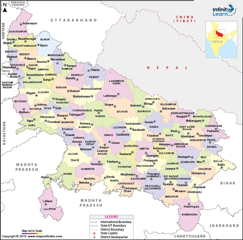 Uttar Pradesh map with district name 