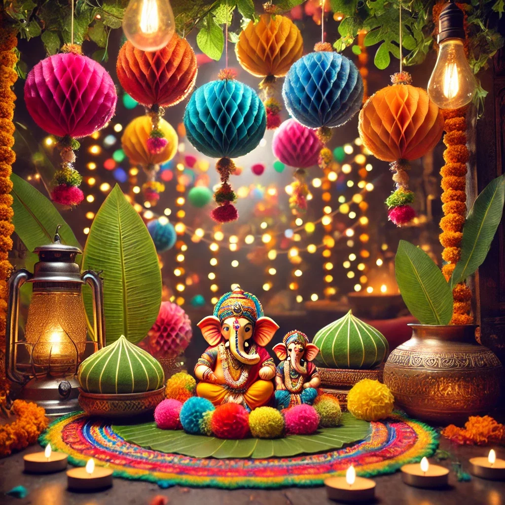 Ganesh Chaturthi Decoration - Mango Leaf Toran and String Lights