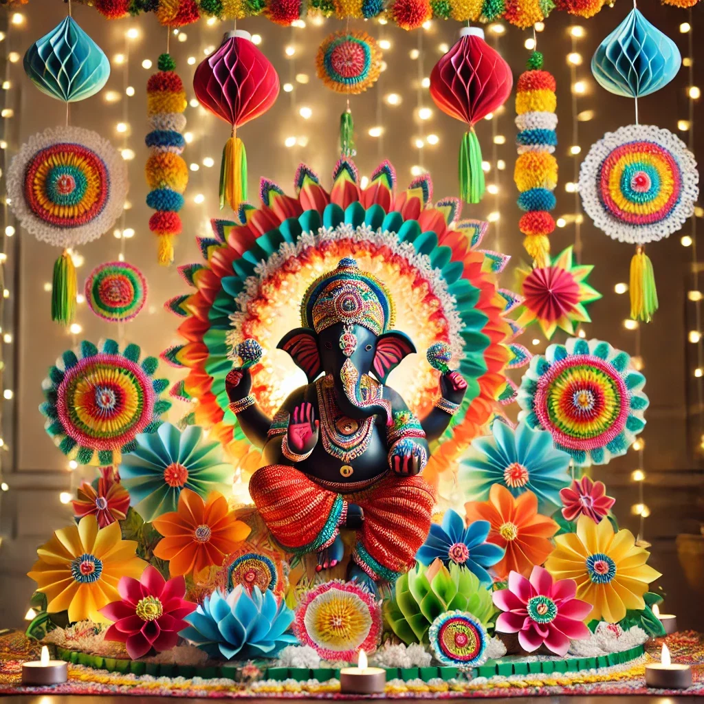 Ganpati Decoration Ideas with Colorful Papers and Lighting