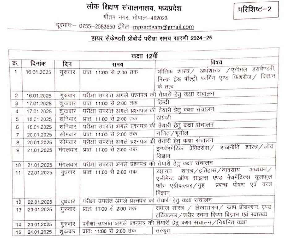 MPBSE 12th Pre-Board Time Table 2025